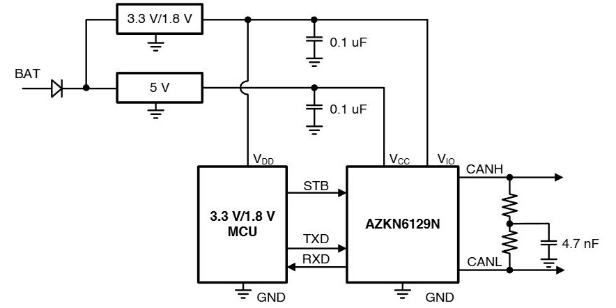 Figure 1. Reference circuit of AZKN6129N interfacing with 3.3 V or 1.8 V MCUs.